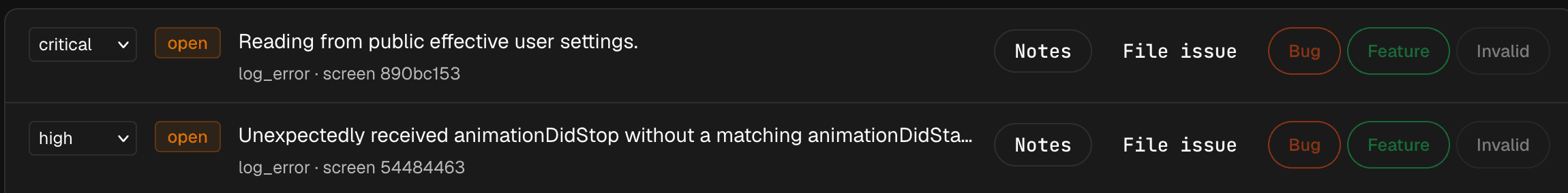 The Roverly anomaly feed: a critical row and a high row, each open, with the screen each came from and actions to add notes, file an issue, or mark it a bug, feature, or invalid.